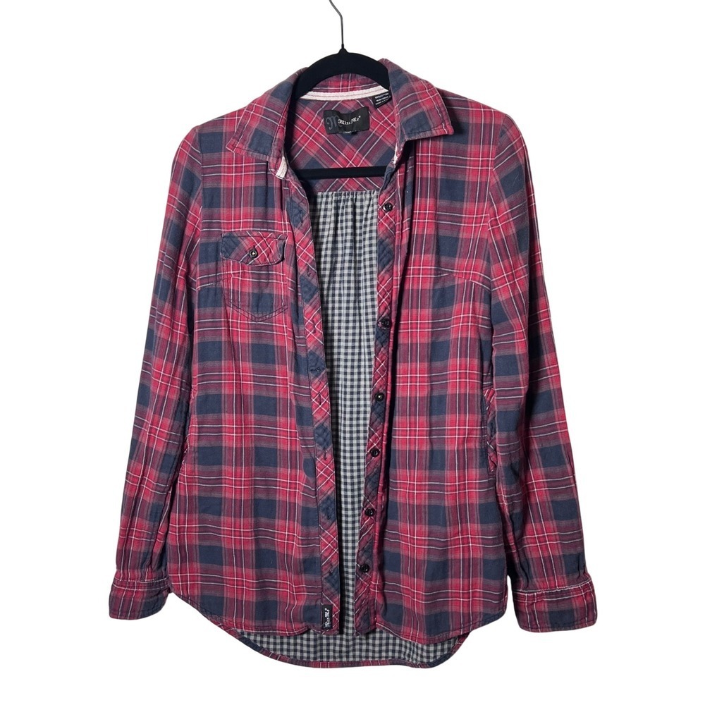 Miss Me Womens Plaid Flannel Shirt Red Navy Long Sleeve Button Up Size S